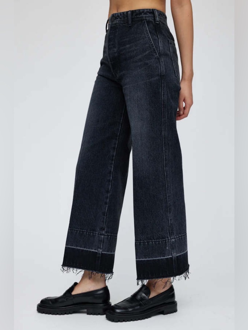 Moussy Vintage Elba Wide Leg Crop Jeans 27 Black Dark Denim Raw Hem Minimalist - Picture 2 of 10